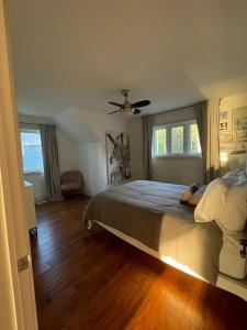 woodviewKerryAnne - North Kawartha Lakehouse with Hot Tub的一间卧室配有一张大床和吊扇