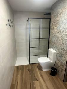 瓦伦西亚Beach Apartments Valencia的一间带卫生间和玻璃淋浴间的浴室