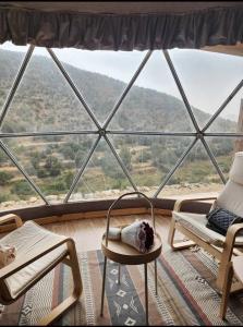 Rahwat al BarrAlbaha domes的客房设有带椅子和桌子的大窗户。