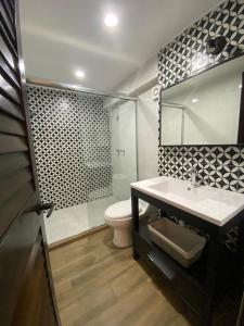 马萨特兰Hotel Tierra Marina Centro Historico的带淋浴、盥洗盆和卫生间的浴室