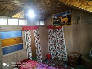 斯利那加The Hotel "Shafeeq" Across jawahar bridge的一间卧室配有带窗帘的床和窗户