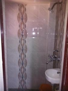 瓦拉纳西锡瓦宾馆的带淋浴、卫生间和盥洗盆的浴室