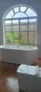 达累斯萨拉姆Villa Nducha的带浴缸、窗户和卫生间的浴室