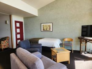 罗斯福尔斯阿尔玛朗酒厂小屋酒店的酒店客房,配有床和沙发
