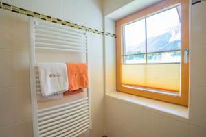 拉姆绍达赫斯坦福斯特霍夫酒店的浴室设有窗户和带毛巾的淋浴。