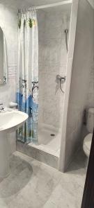 塔拉戈纳Hostal Europa的带淋浴、卫生间和盥洗盆的浴室