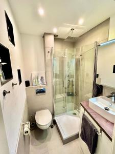 韦特海姆LIVE-IN Tiny Studiowohnung的带淋浴、卫生间和盥洗盆的浴室