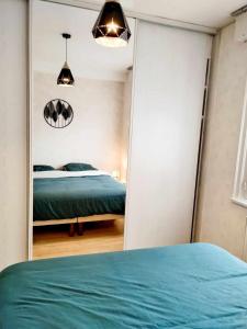 鲁贝Appartement Barbieux - Roubaix - 15min de Lille的一间带大镜子和床的卧室