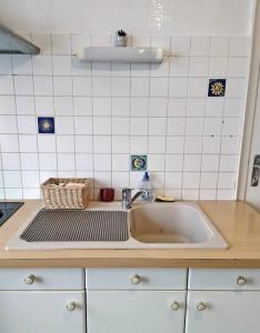 鲁贝Appartement Barbieux - Roubaix - 15min de Lille的厨房内带水槽的厨房台面