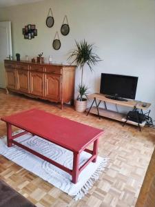 鲁贝Appartement Barbieux - Roubaix - 15min de Lille的客厅配有红色咖啡桌和电视