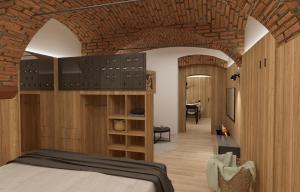 梅德沃代Suita beli Labod的一间卧室设有一张床和砖墙