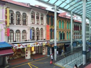 新加坡宝塔街皇家小屋旅舍的享有城市街道上方建筑的景致