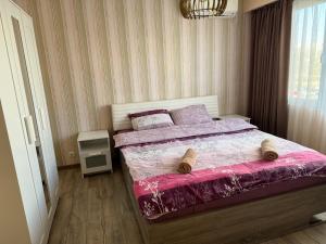 扬博尔Апарт Диана的一间卧室配有一张带粉红色棉被的床