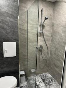 扬博尔Апарт Диана的带淋浴和卫生间的浴室