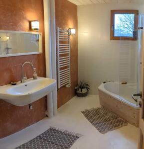 Saint-Mʼhervé拉贝勒韦尔特生态旅馆的浴室配有水槽、浴缸和浴缸。