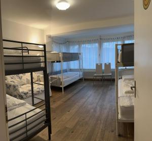 苏黎世Viktoria Budget Hostel的宿舍间设有几张双层床和电视。