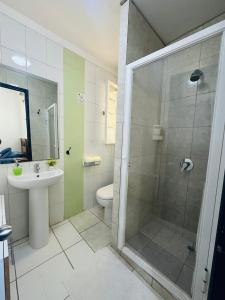 圣地亚哥Maktub Europa - Hostal Boutique的带淋浴、盥洗盆和卫生间的浴室