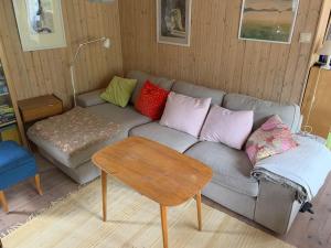 特鲁萨Lättillgängligt och trevligt hus的客厅配有带色彩缤纷枕头的灰色沙发