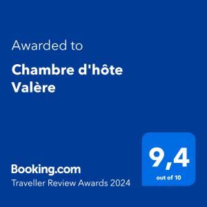 锡永Chambre d'hôte Valère的蓝色的屏幕,文字被授予了“chandra d hote valence”