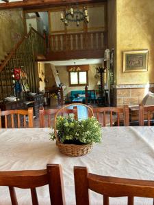 Paleolítico rural的一间用餐室,配有一张桌子和一篮鲜花