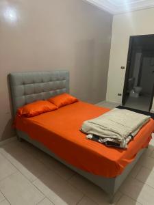 圣路易斯THURIN IMO (Vauvert)的卧室内一张带橙色床单和橙色枕头的床