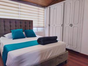 波哥大Hotel Batan 127的一间卧室配有一张带蓝色枕头的大床