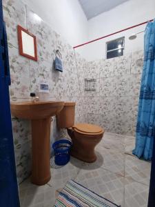 索雷Canto da Sereia.的一间带木制水槽和卫生间的浴室