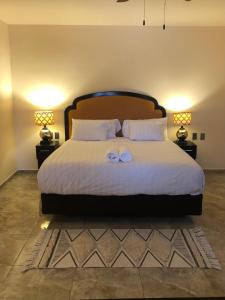 洛雷托Tres Iguanas Apart Hotel - New, cozy & spacious flats, short walk to beach的一间卧室配有一张大床和两条毛巾