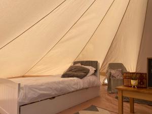 赫尔斯顿Trevena Cross Glamping的帐篷内一间卧室,配有一张床
