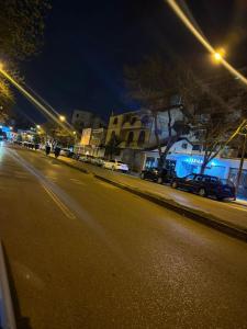 斯库台Temali Apartment的街道上,夜间有车辆停放的城市街道