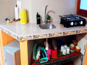 普尔马马尔卡Ipay Alojamiento Familiar的厨房台面上配有水槽和厨房用具