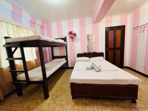 公主港Duchess Sophia's Pension的配有两张双层床的粉红色条纹客房