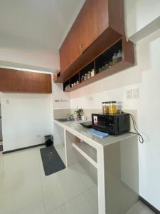 PusokThe Penthouse Suite的厨房配有微波炉和冰箱。