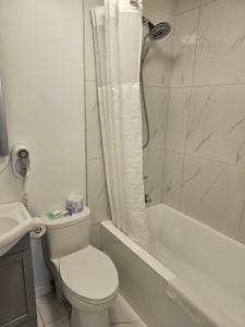 霍普Mountain View Hope Motel的白色的浴室设有卫生间和淋浴。