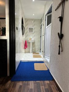 阿加迪尔Dinosaur Anza Surf House的浴室铺有蓝色地毯。