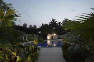 班加罗尔The Vanya Luxury Boutique Resort的享有棕榈树泳池的夜间景色