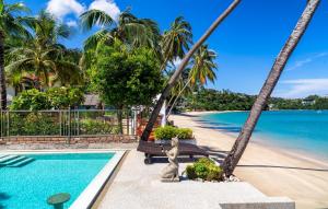 攀瓦海滩Mango Tree Villa的一个带游泳池和棕榈树的度假村