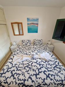 科拉雷侯La Casita的一间卧室配有一张带蓝色和白色棉被的床