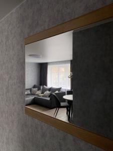 叶卡布皮尔斯Dzīvoklis centrā的客厅配有镜子沙发