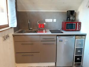 JouheLe petit chalet jurassien的厨房配有水槽和红色微波炉