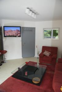 卡尔克富Gîte La Terrasse Du Verger的客厅配有红色的沙发和玻璃桌