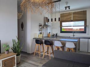 拉哈雷斯Casa Cocoon, Sun&Freedom, 8 mn from beaches, internet fiber的厨房设有带凳子和水槽的酒吧