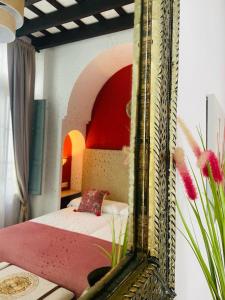 赫雷斯-德拉弗龙特拉La Gitanilla Alojamiento & Encanto Jerez的镜子反射着卧室,卧室里配有一张床
