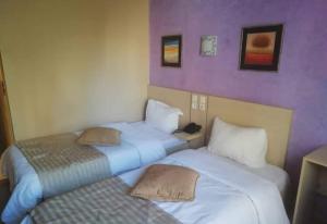 阿尔及尔DAR EL IKRAM HOTEL的紫色墙壁的酒店客房内的两张床