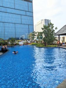 棉兰The cozy & luxury room in Podomoro City Deli Medan的一座城市的游泳池,那里有水面上的居民