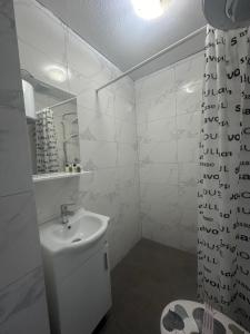 StolacCuprija _apartments的白色的浴室设有水槽和淋浴帘