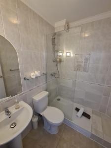 圣赫利尔泽西码头地铁酒店的浴室配有卫生间、盥洗盆和淋浴。