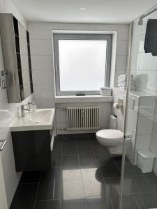 多特蒙德童多瑟公寓的一间带卫生间、水槽和窗户的浴室