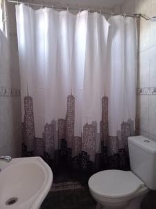 卡奇La Coplera的一间带卫生间和城市淋浴帘的浴室