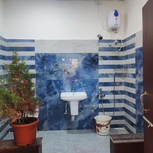 库姆巴科纳姆Maha Periyava Kuteeram的浴室配有水槽和蓝色瓷砖墙。
